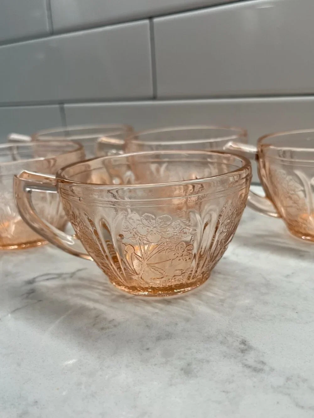 (6) Vintage Pink Depression Jeannette Glass Cherry Blossom Teacups